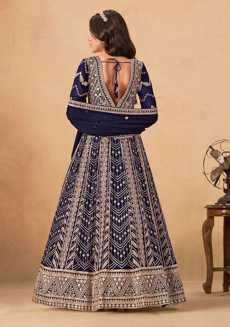 Navy Blue Embroidered Georgette Anarkali Set - Indya