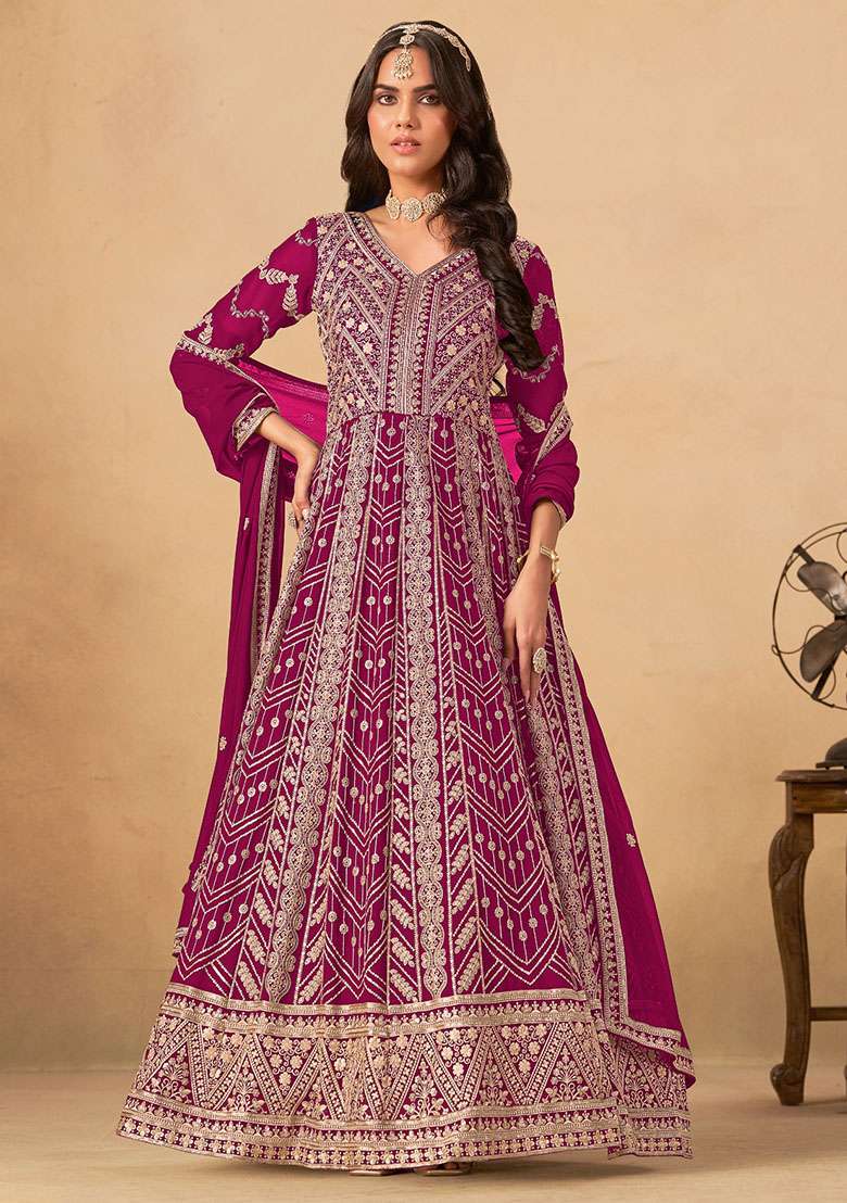 Rani Pink Embroidered Georgette Anarkali Set - Indya