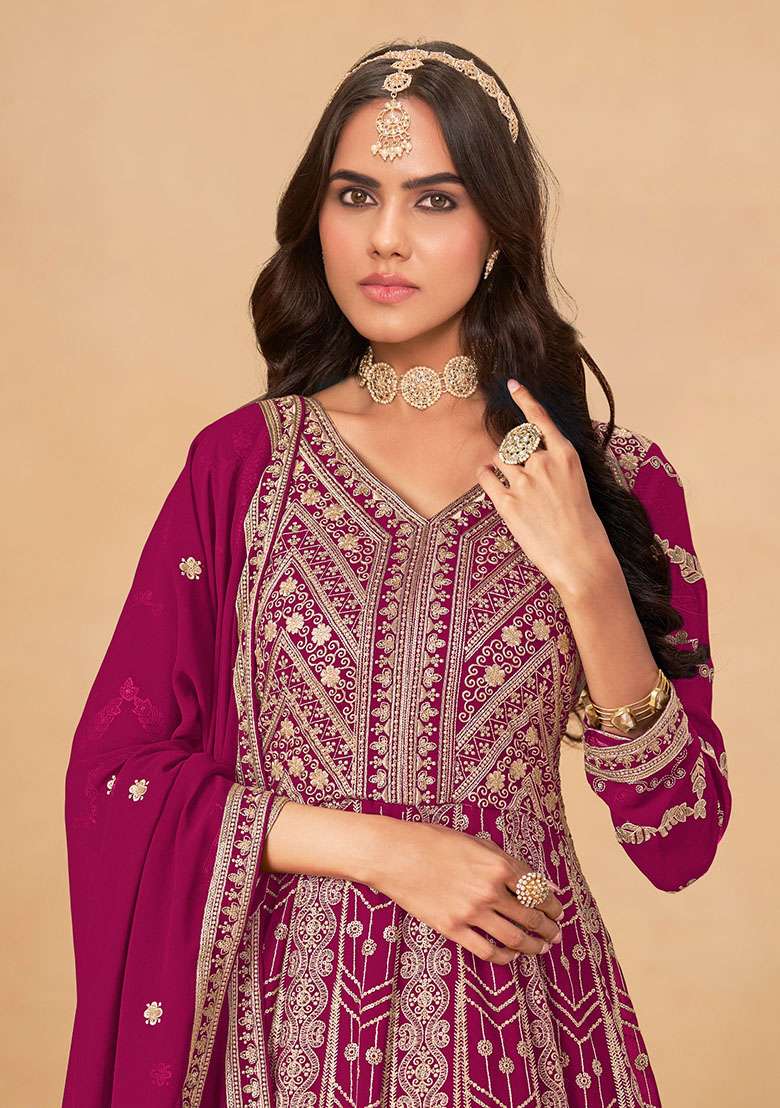 Rani Pink Embroidered Georgette Anarkali Set - Indya