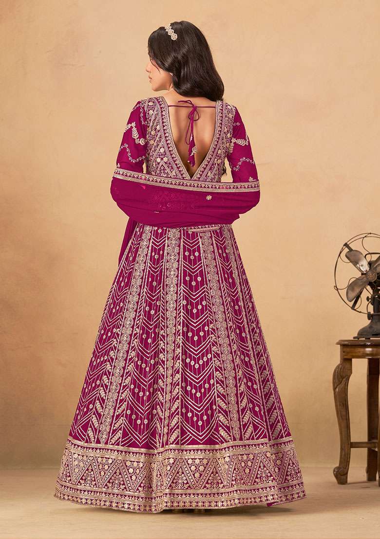 Rani Pink Embroidered Georgette Anarkali Set - Indya