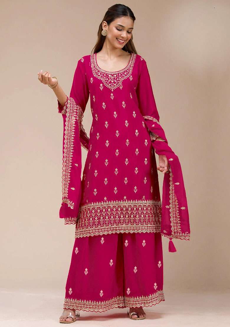 Red Embroidery Georgette Salwar Suit - Indya