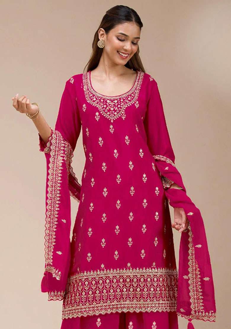 Red Embroidery Georgette Salwar Suit - Indya