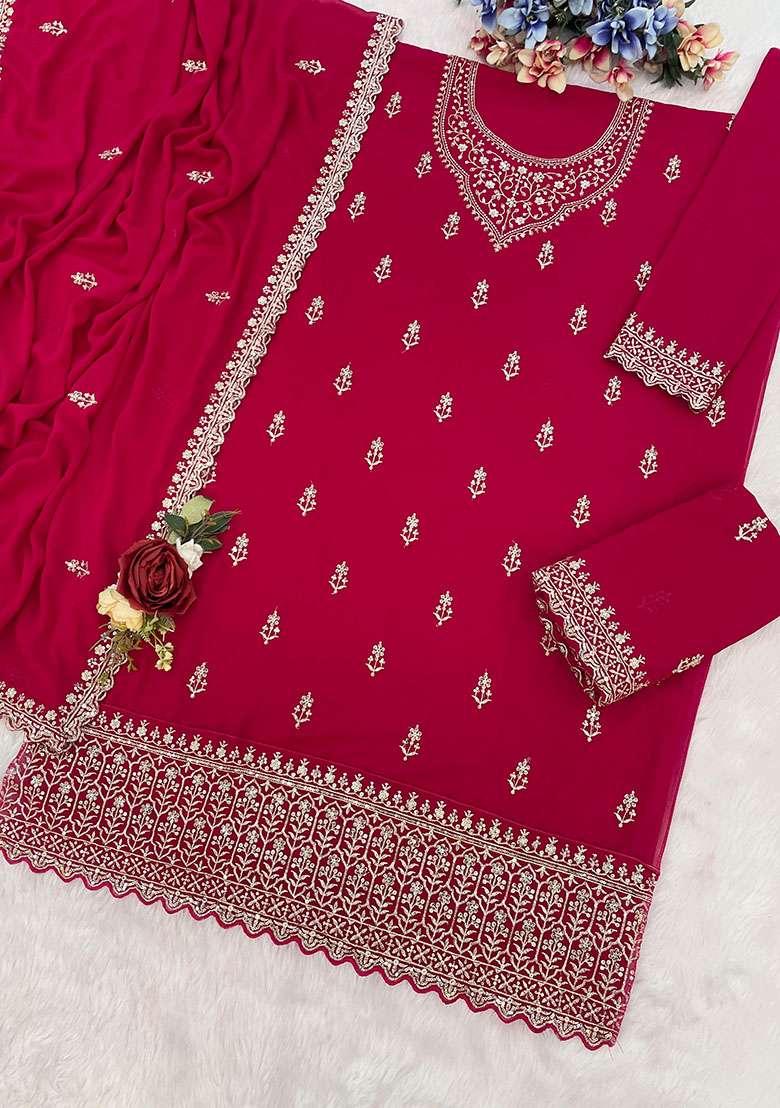 Red Embroidery Georgette Salwar Suit - Indya