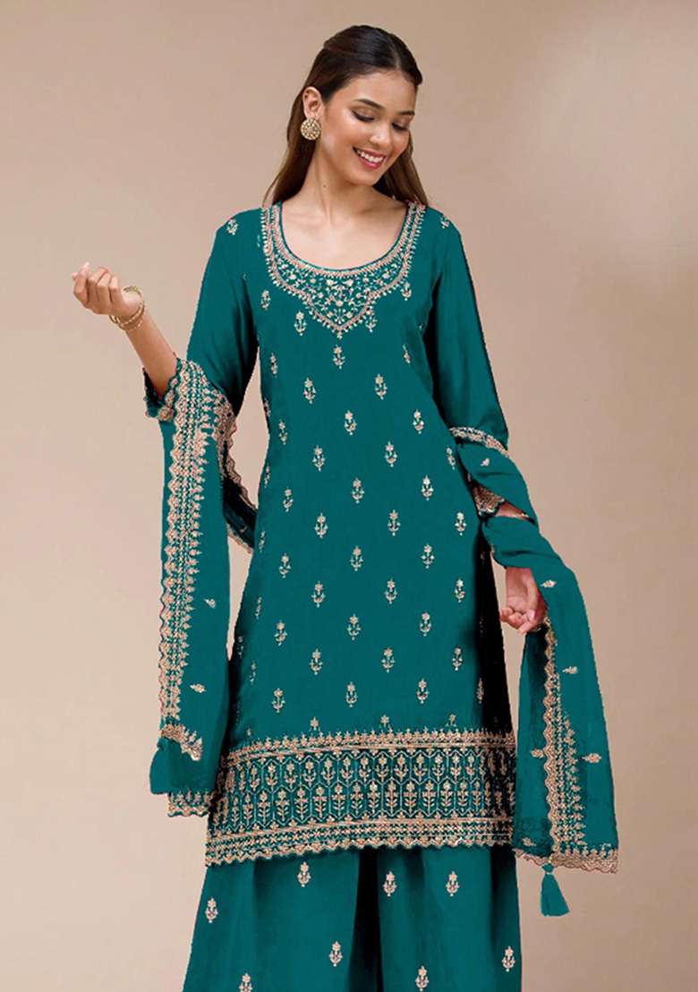 Teal Green Embroidered Georgette Straight Kurta Set - Indya