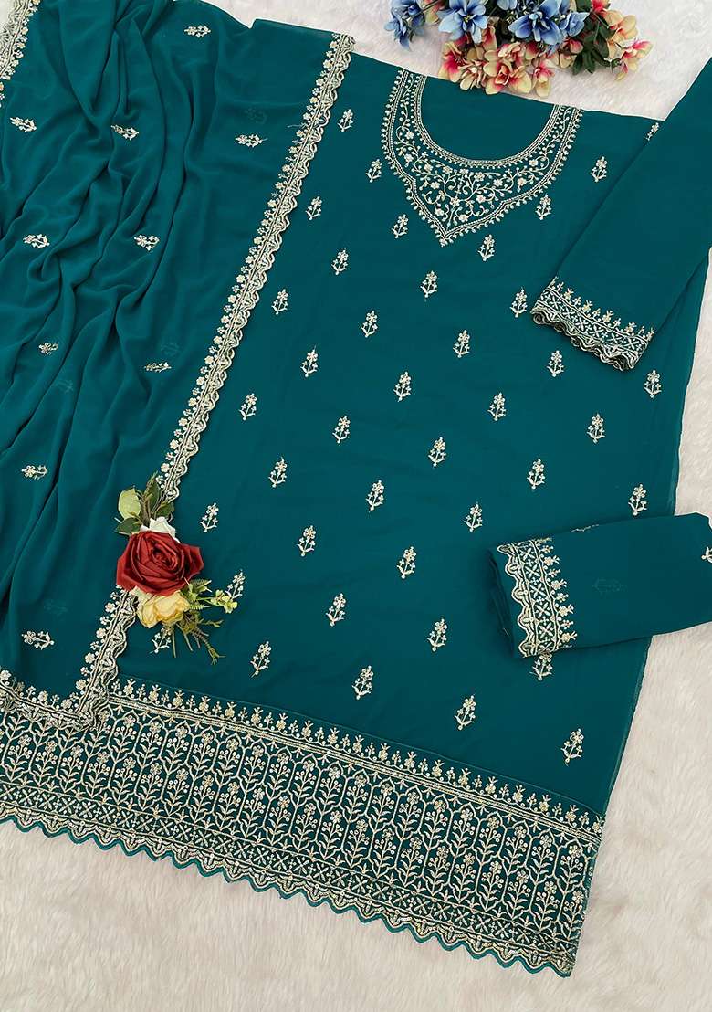 Teal Green Embroidered Georgette Straight Kurta Set - Indya