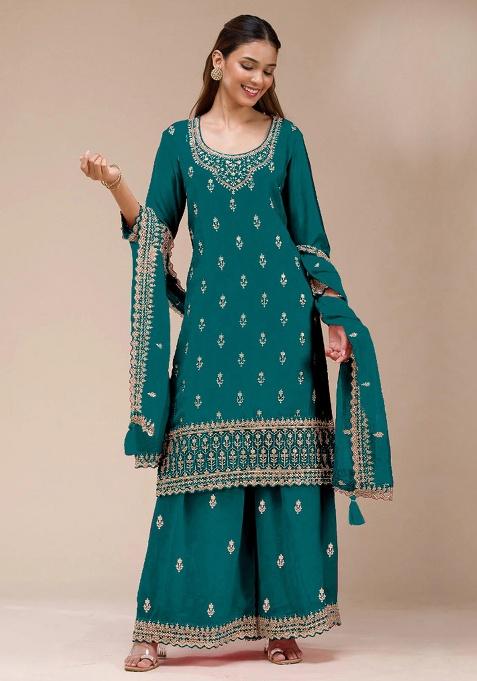 Teal Green Embroidery Georgette Salwar Suit