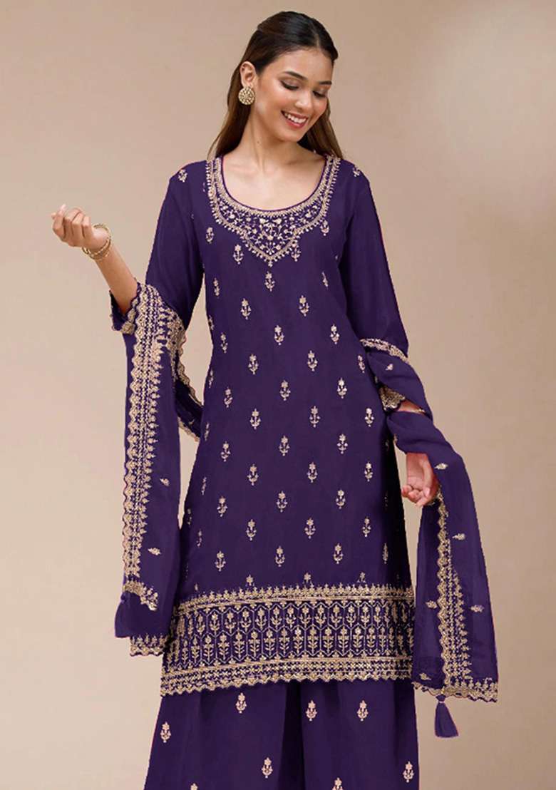 Purple Embroidery Georgette Salwar Suit - Indya