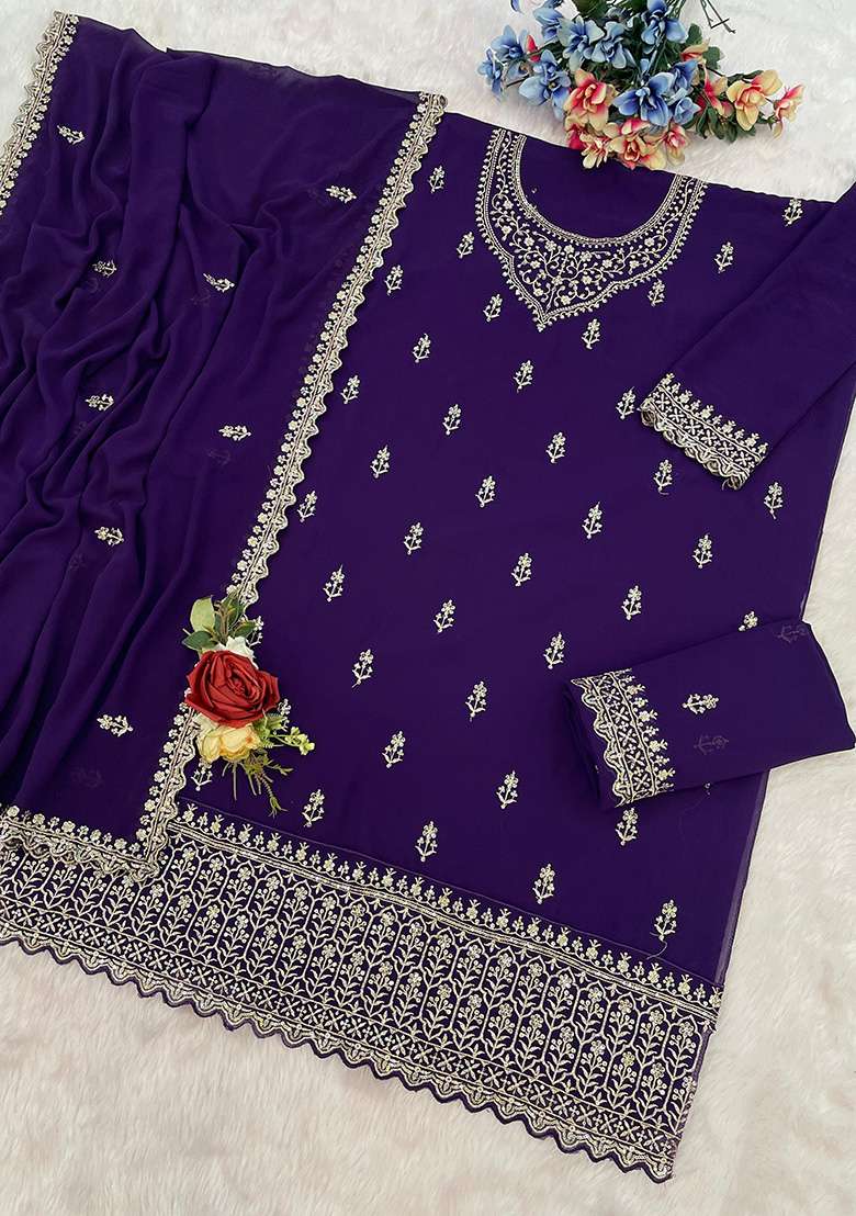 Purple Embroidery Georgette Salwar Suit - Indya