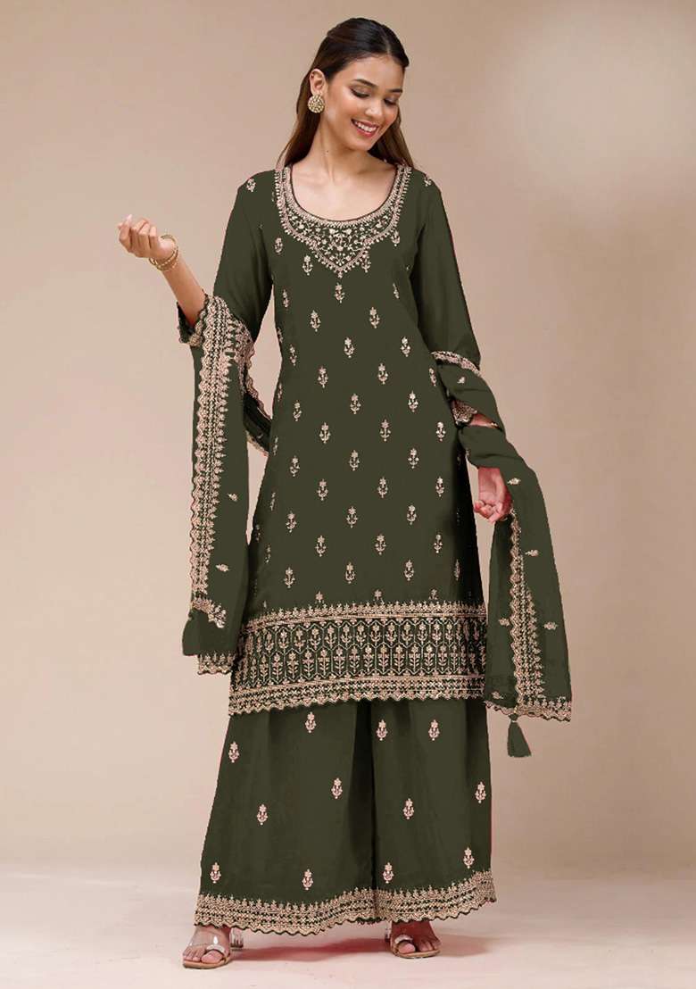 Mehendi Embroidery Georgette Salwar Suit - Indya