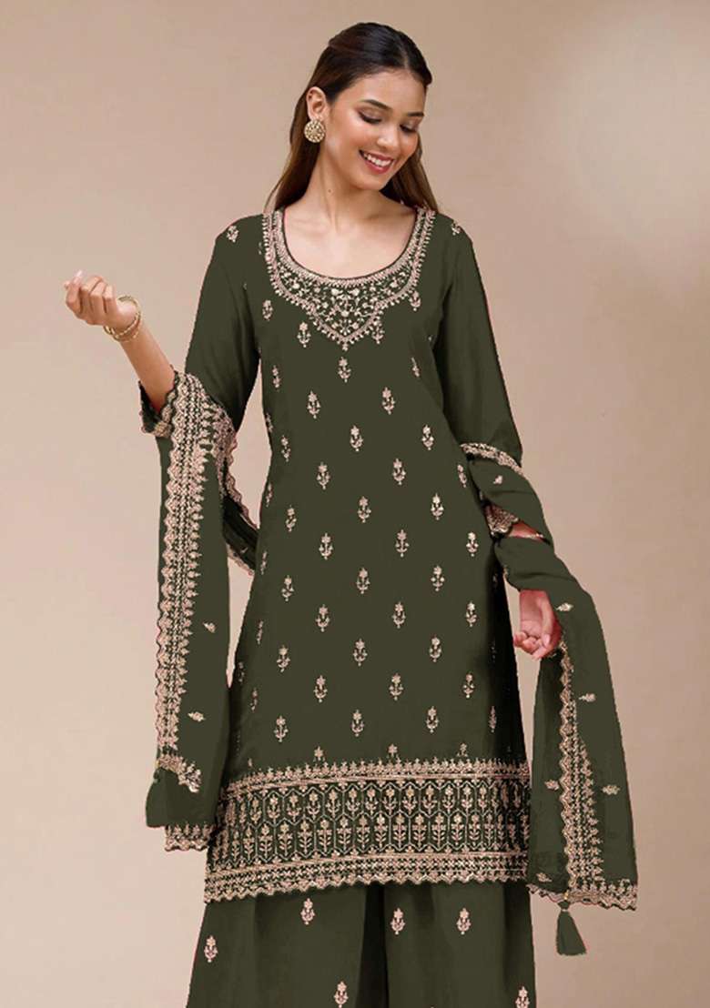 Mehendi Embroidery Georgette Salwar Suit - Indya