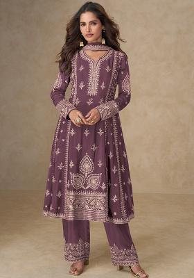 Purple Embroidery Silk Salwar Suit