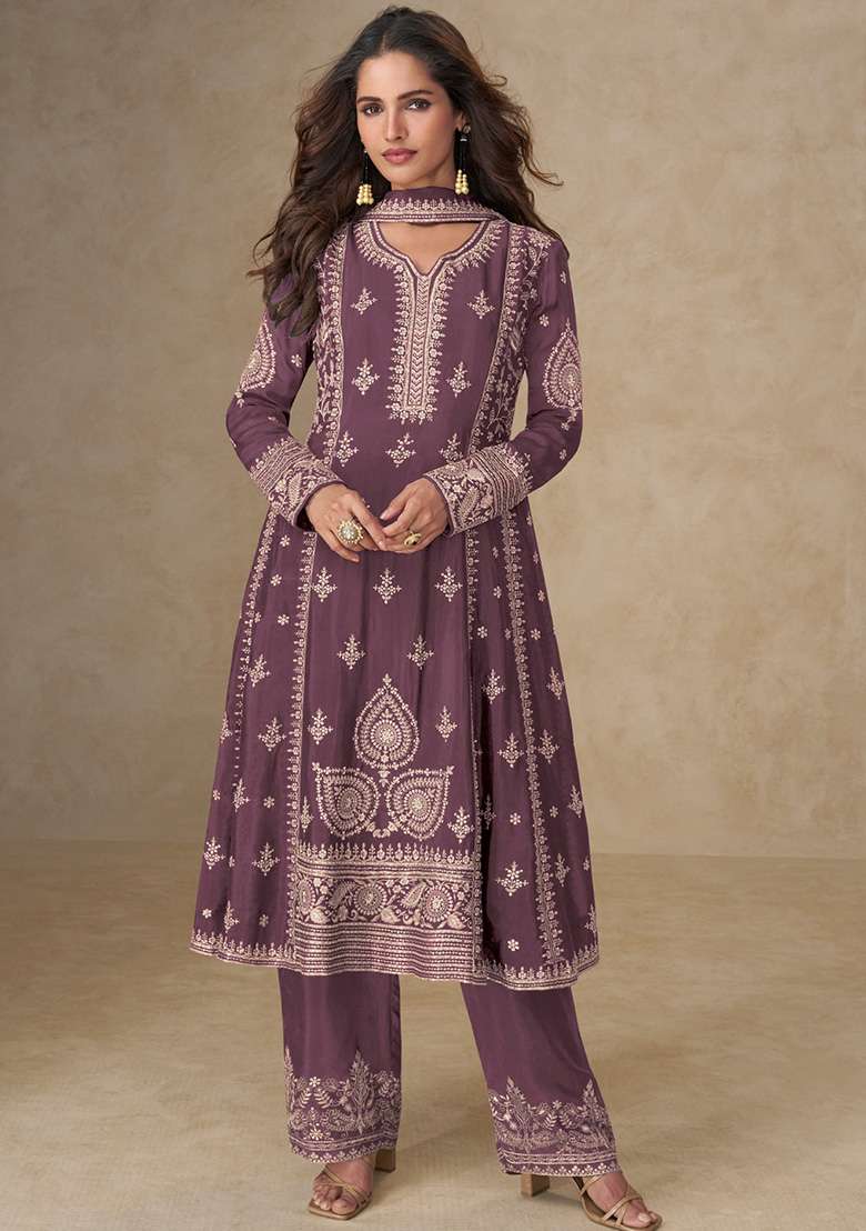 Purple Embroidered Silk Blend Pakistani Suit Set - Indya