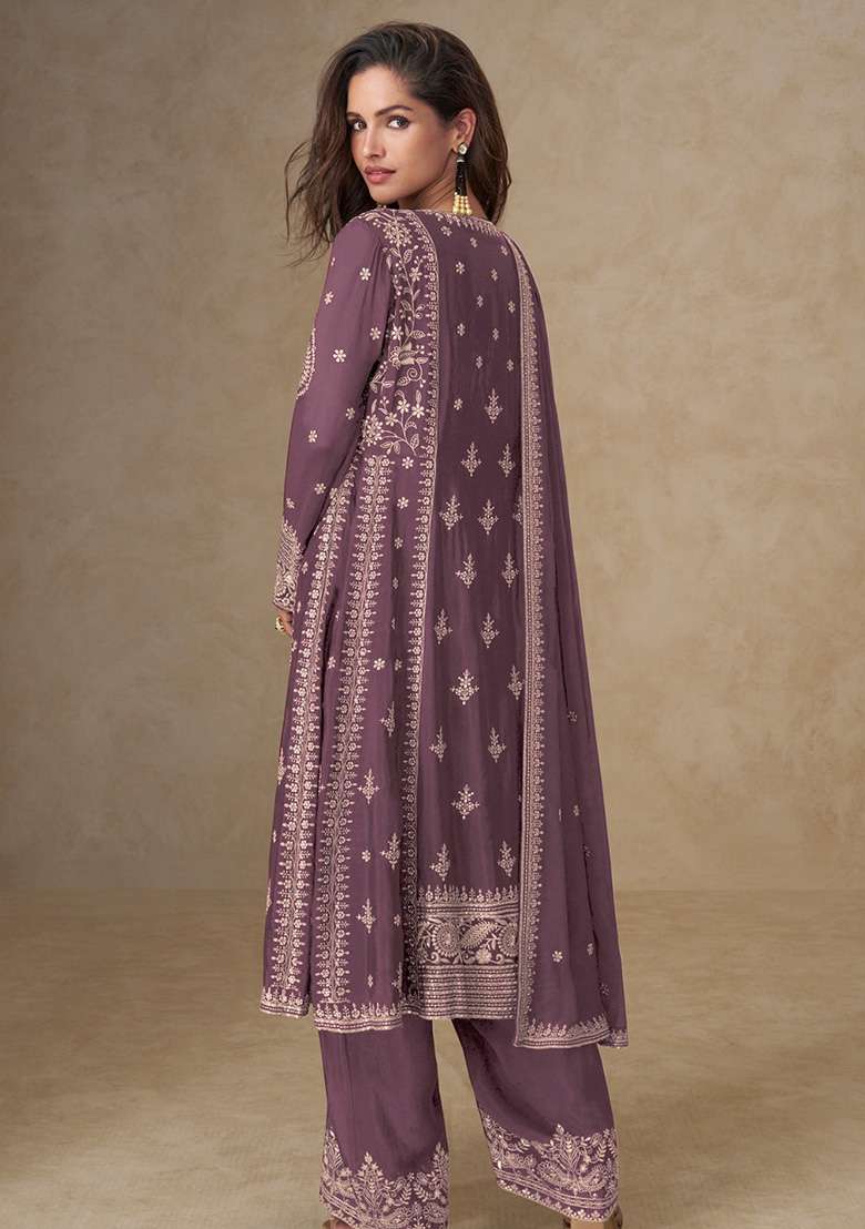 Purple Embroidered Silk Blend Pakistani Suit Set - Indya