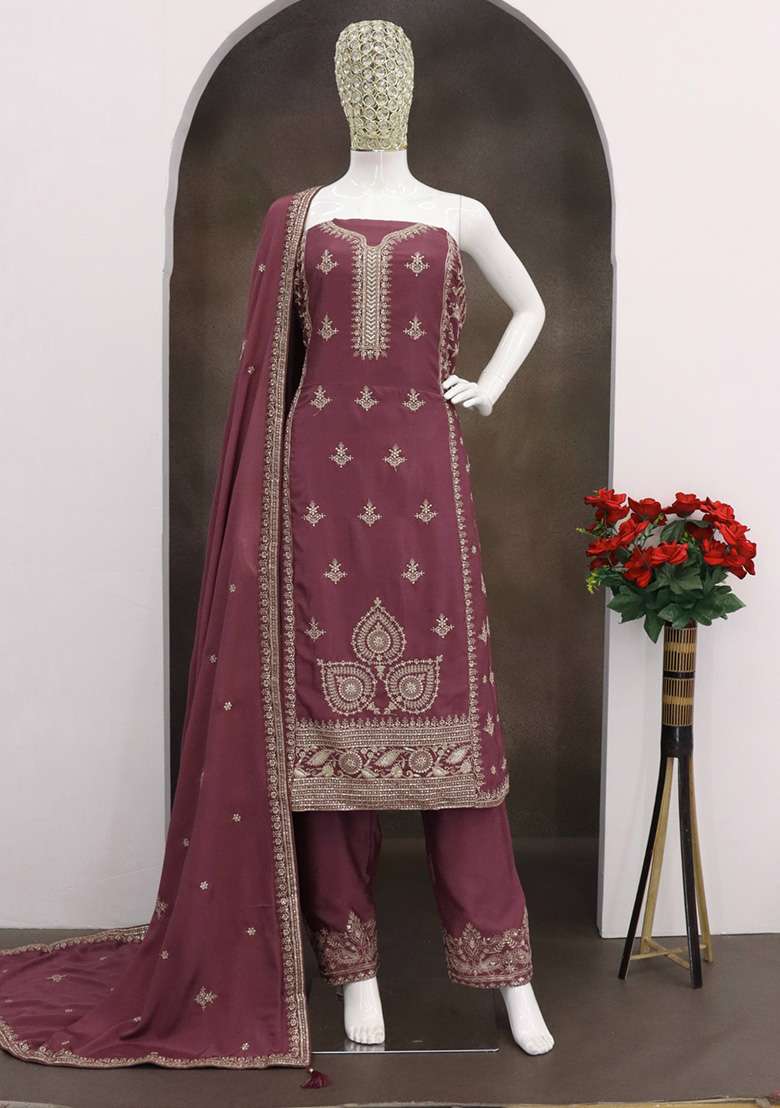 Purple Embroidered Silk Blend Pakistani Suit Set - Indya