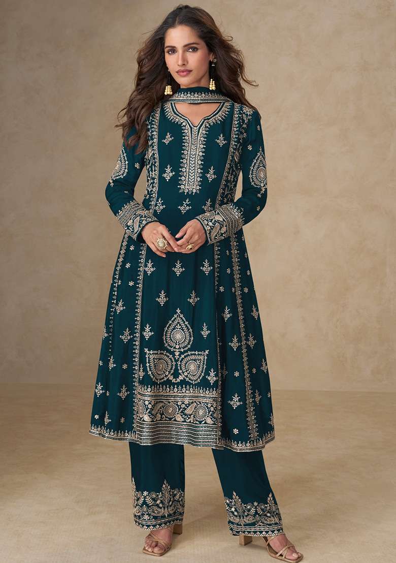Teal Green Embroidered Silk Pakistani Suit Set - Indya