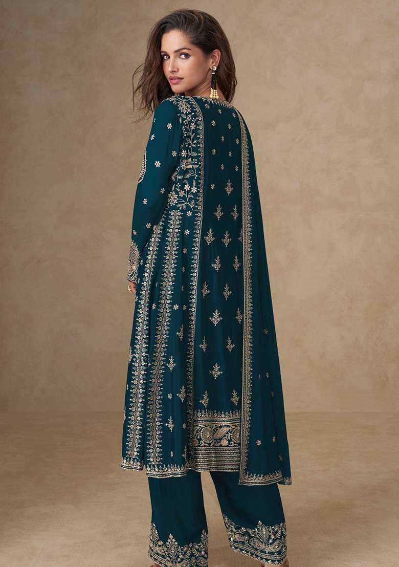 Teal Green Embroidered Silk Pakistani Suit Set - Indya