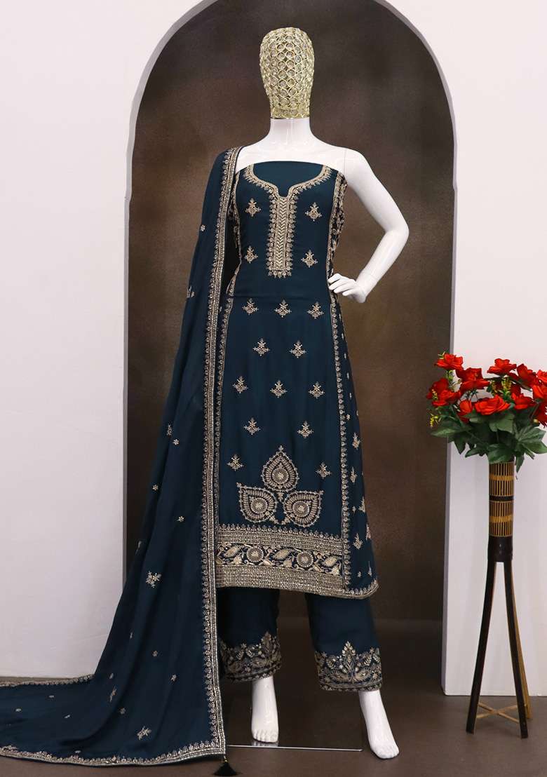 Teal Green Embroidered Silk Pakistani Suit Set - Indya