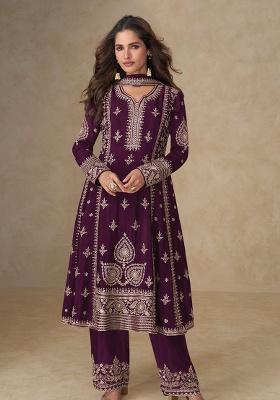 Dark Purple Embroidery Silk Salwar Suit