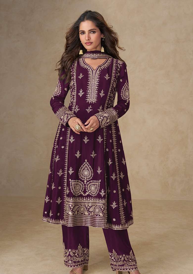 Dark Purple Embroidered Silk Blend Pakistani Suit Set - Indya