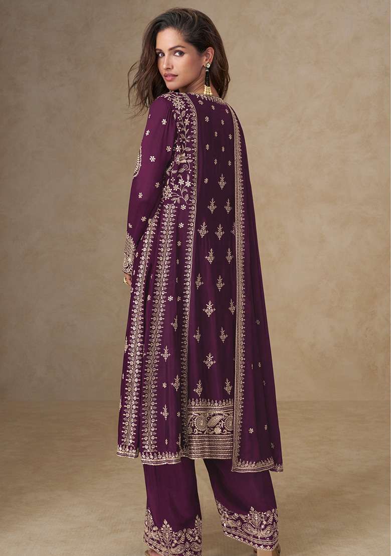 Dark Purple Embroidered Silk Blend Pakistani Suit Set - Indya