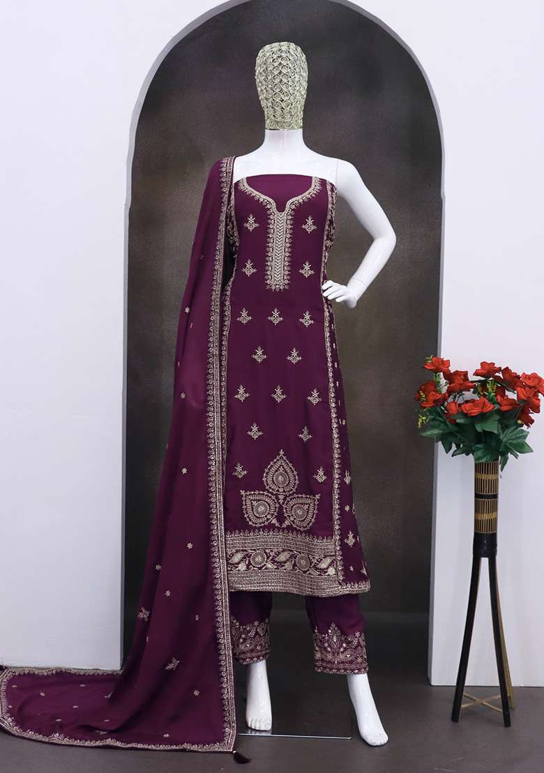 Dark Purple Embroidered Silk Blend Pakistani Suit Set - Indya