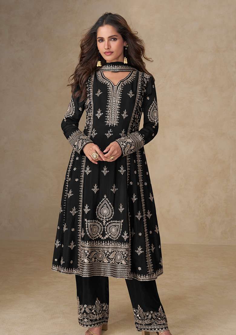 Black Embroidery Silk Salwar Suit - Indya