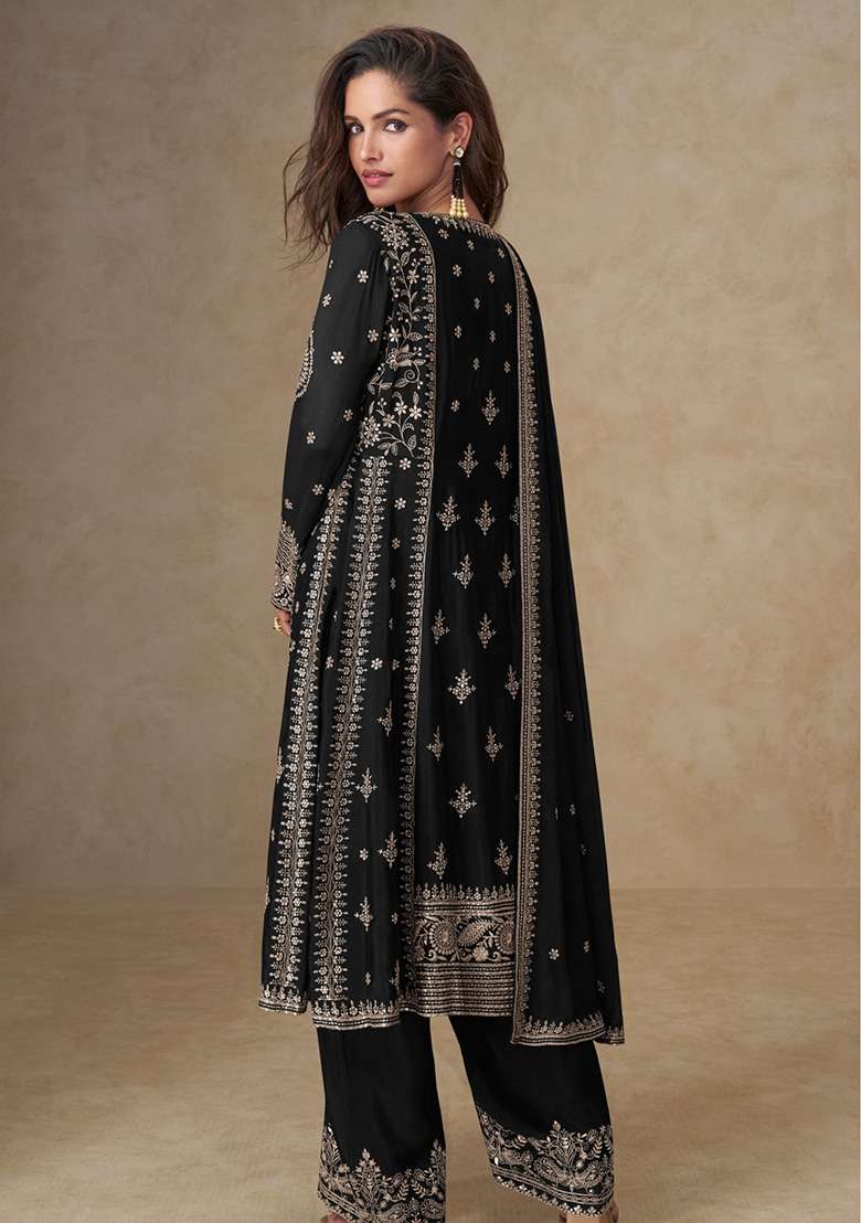 Black Embroidery Silk Salwar Suit - Indya