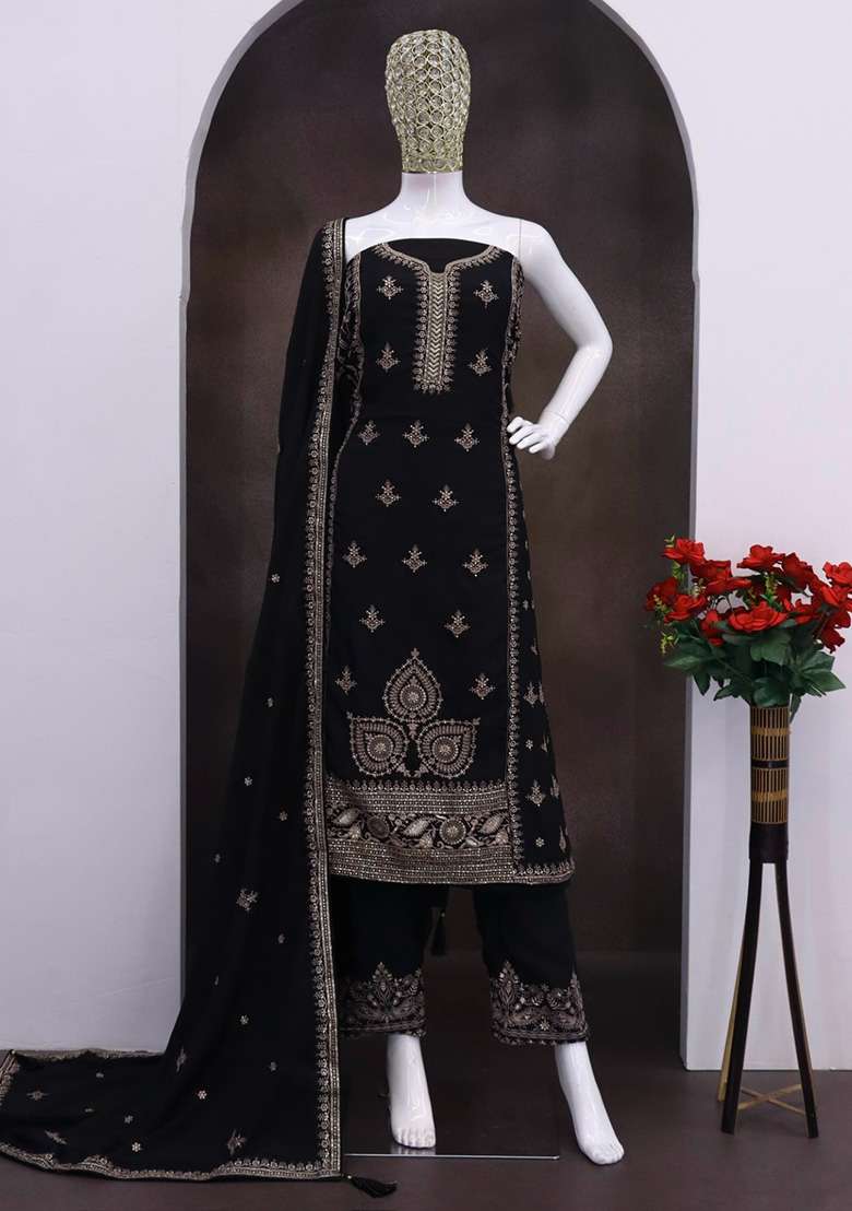Black Embroidery Silk Salwar Suit - Indya