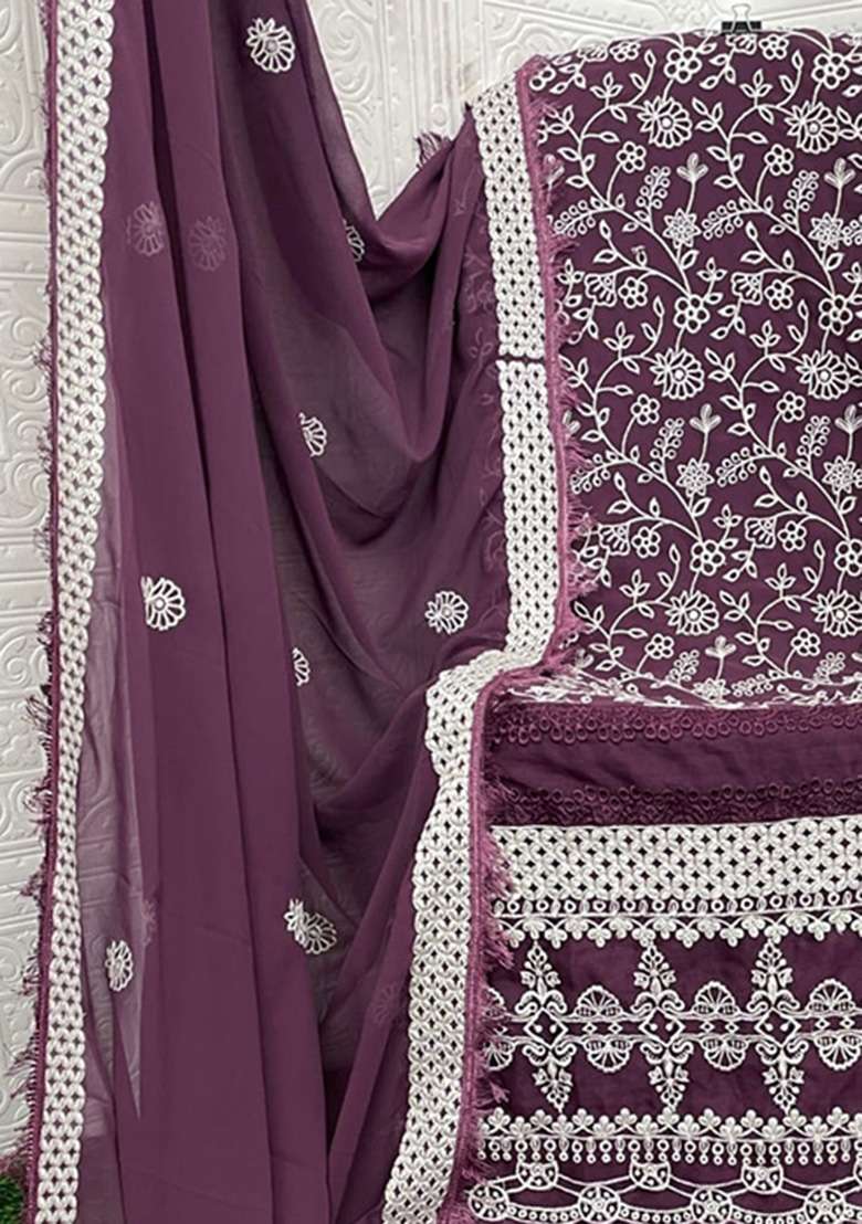 Purple Embroidered Georgette Pakistani Suit Set - Indya