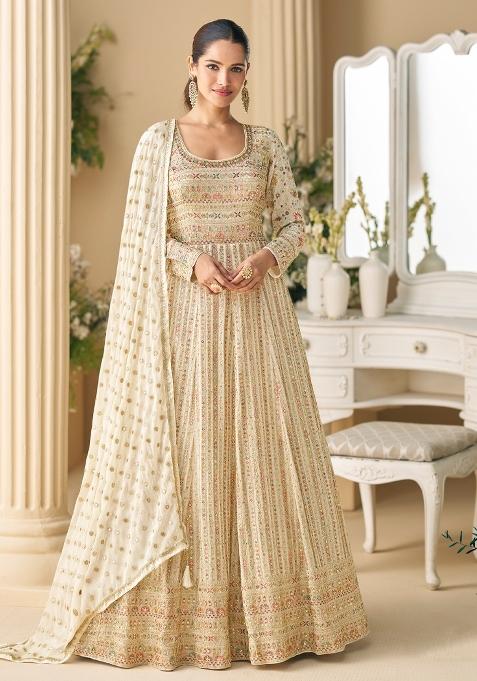 White Heavy Thread Embroidery Work Georgette Anarkali