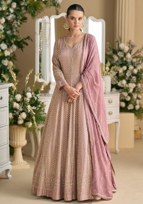 Pink Heavy Thread Embroidery Work Georgette Anarkali