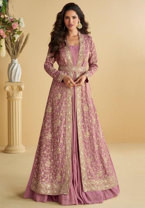 Pink Heavy Thread Embroidery Work Chinon Anarkali