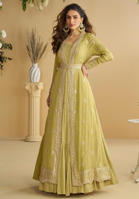 Yellow Heavy Thread Embroidery Work Chinon Anarkali