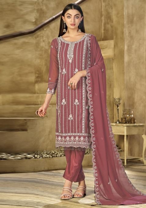 Crimson Red Thread Sequin Embroidery Work Georgette Salwar Suit
