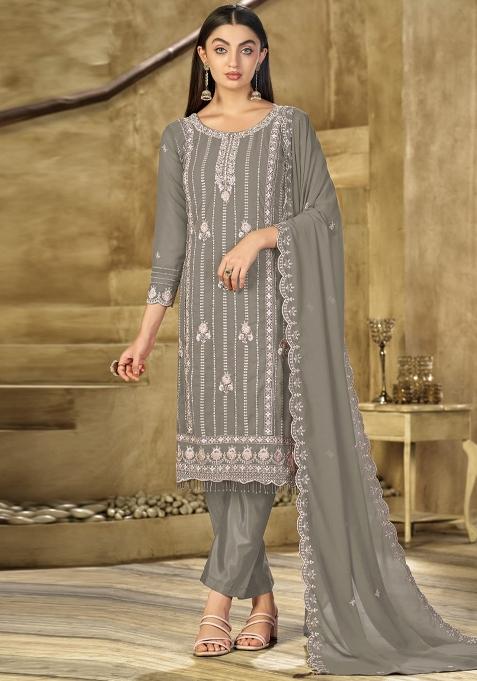 Grey Thread Sequin Embroidery Work Georgette Salwar Suit