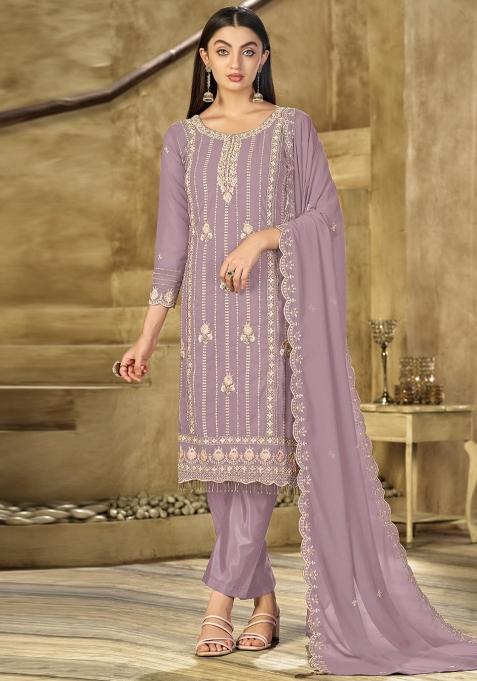 Lilac Thread Sequin Embroidery Work Georgette Salwar Suit