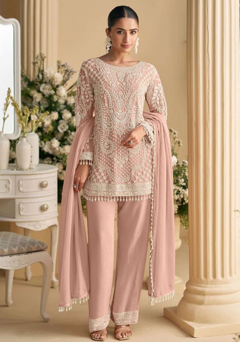 Peach Embroidered Georgette Pakistani Suit Set - Indya
