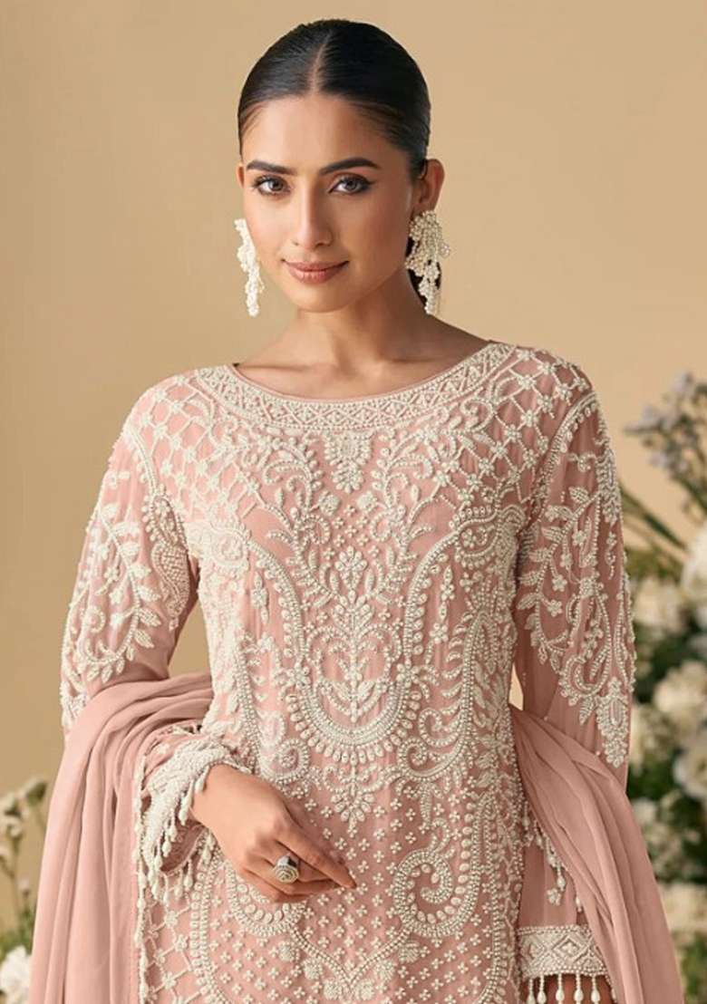 Peach Embroidered Georgette Pakistani Suit Set - Indya
