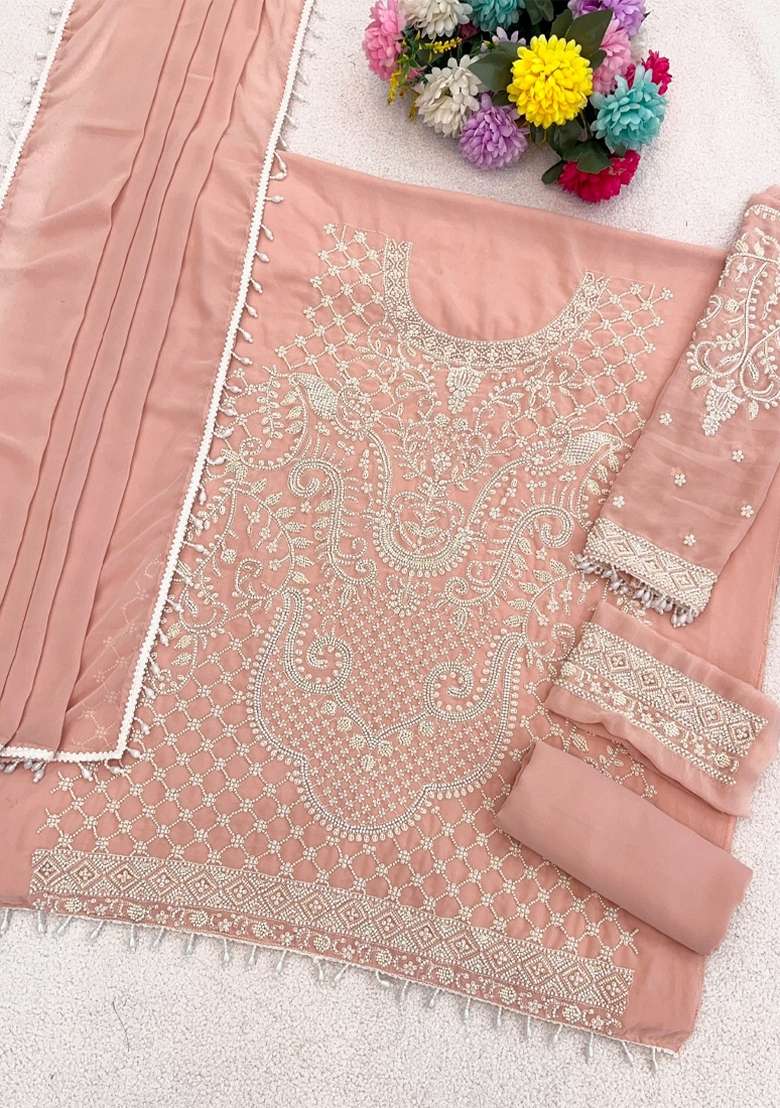 Peach Embroidered Georgette Pakistani Suit Set - Indya