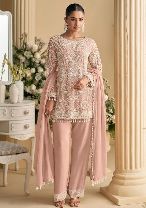 Peach Traditional Thread Embroidery Work Georgette Salwar Suit