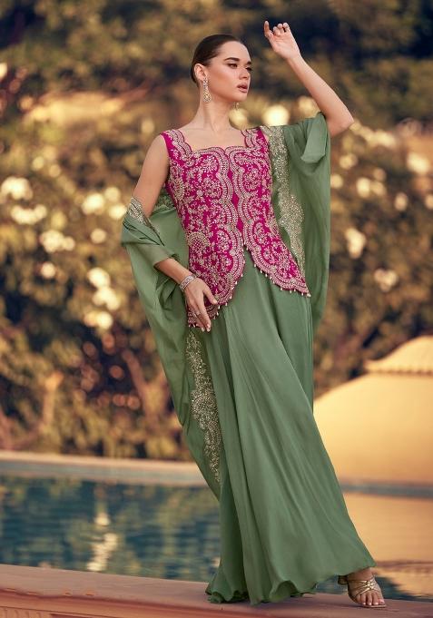 Pista Green Heavy Thread Embroidery Work Chinon Salwar Suit