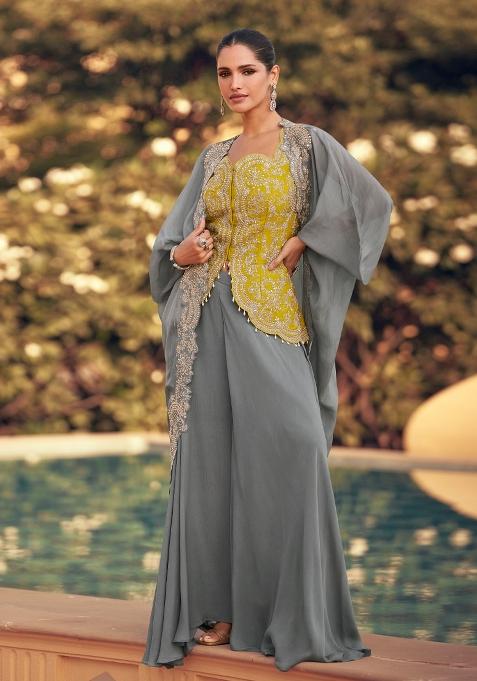 Grey Heavy Thread Embroidery Work Chinon Salwar Suit
