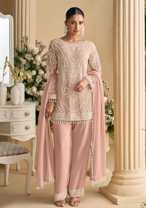Peach Embroidery Georgette Kurta Set