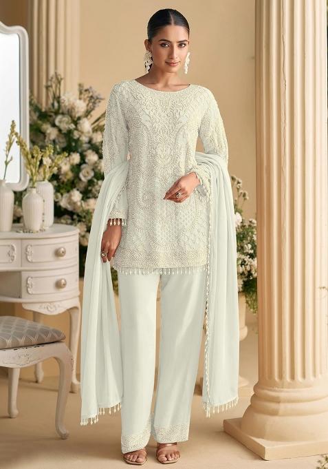 White Embroidery Georgette Kurta Set