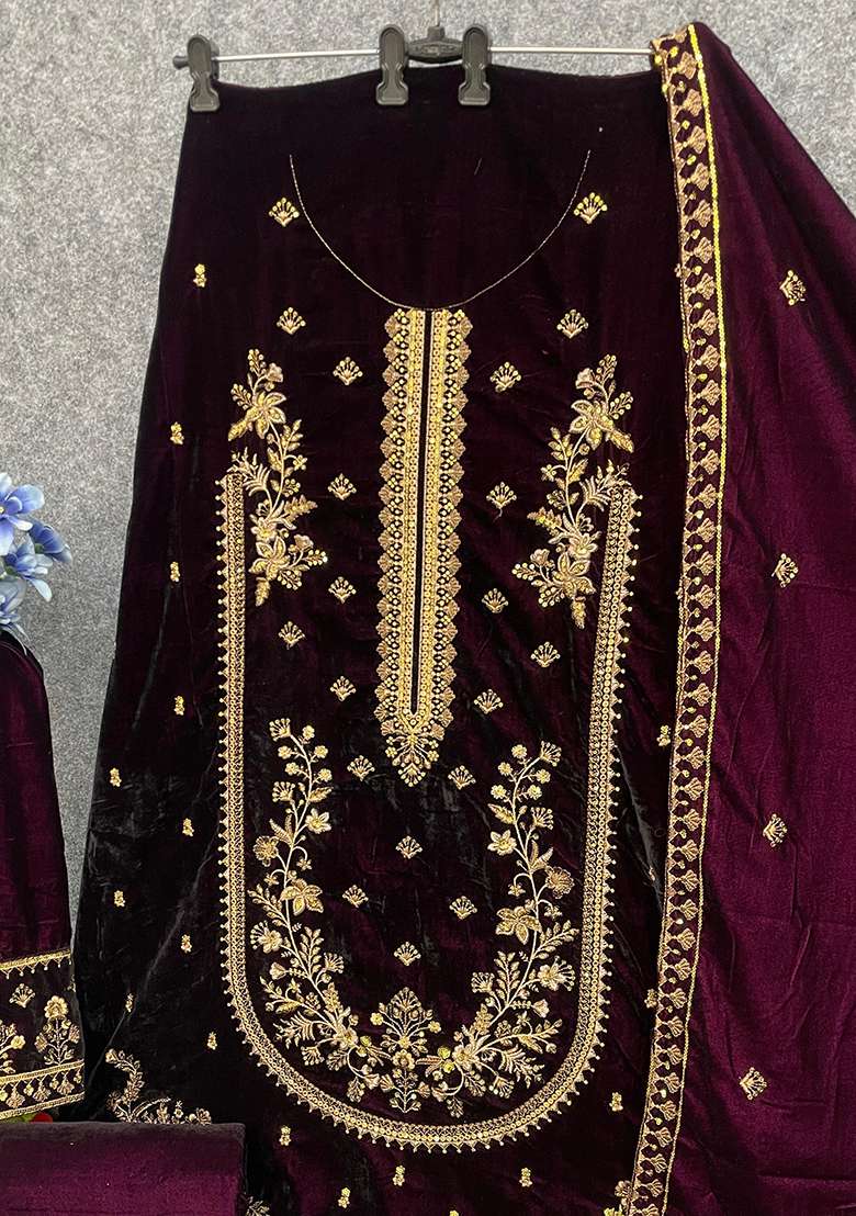 Wine Embroidery Velvet Kurta Set - Indya