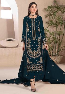 Teal Embroidery Velvet Kurta Set
