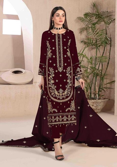 Maroon Embroidery Velvet Kurta Set