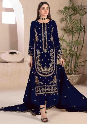 Blue Embroidery Velvet Kurta Set