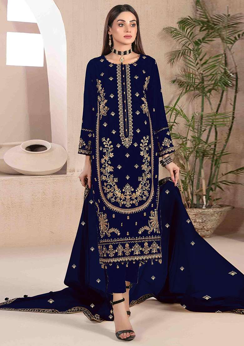 Blue Embroidery Velvet Kurta Set - Indya