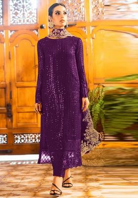 Wine Embroidered Georgette Pakistani Suit Set